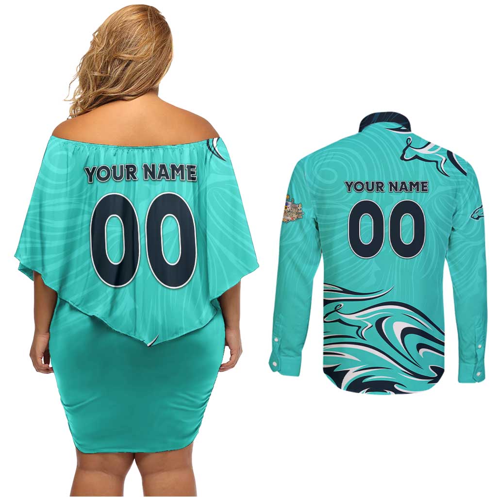 Personalised Australia Soccer Matildas Couples Matching Off Shoulder Short Dress and Long Sleeve Button Shirt Kangaroo Tornado Turquoise DT02