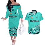 Personalised Australia Soccer Matildas Couples Matching Off The Shoulder Long Sleeve Dress and Hawaiian Shirt Kangaroo Tornado Turquoise DT02