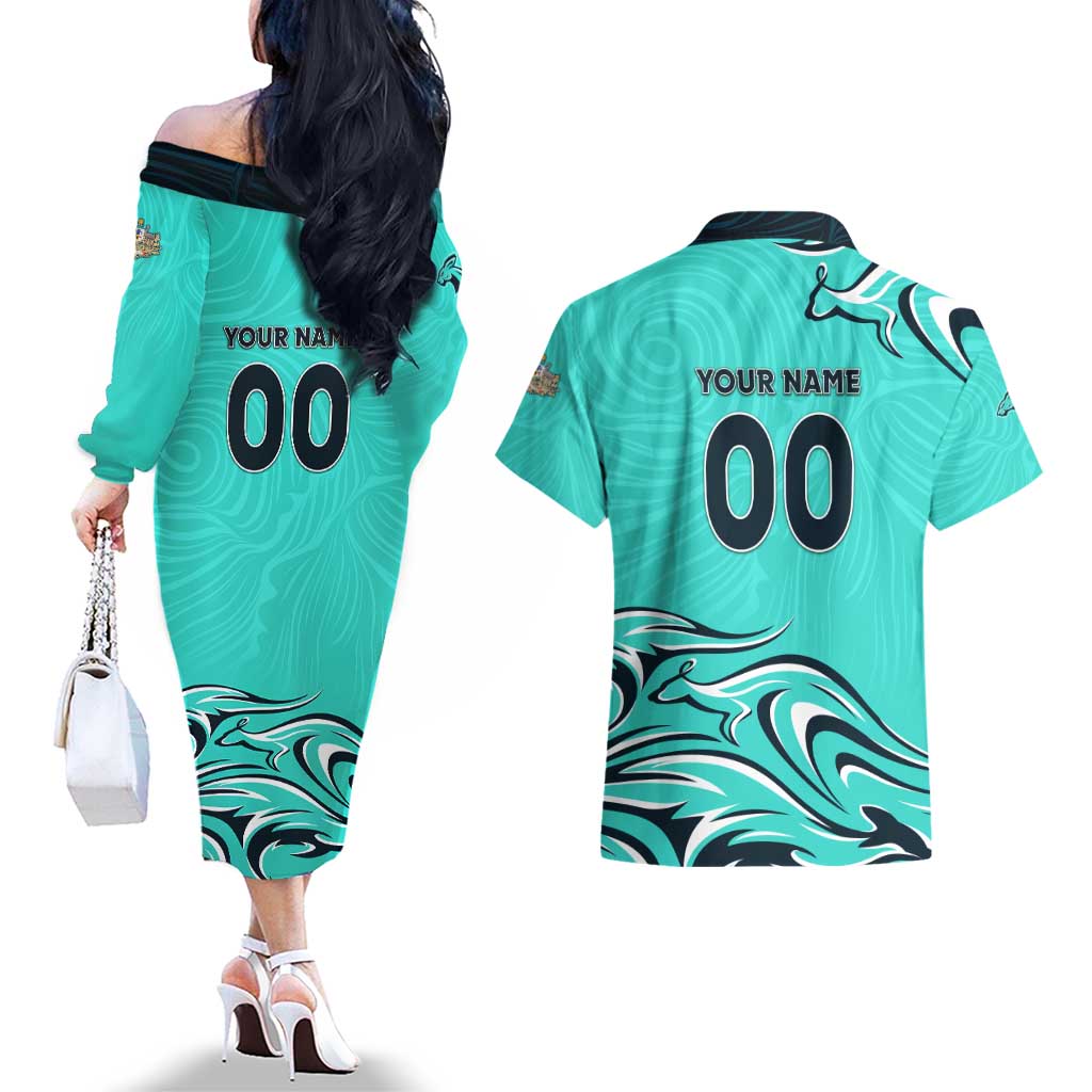 Personalised Australia Soccer Matildas Couples Matching Off The Shoulder Long Sleeve Dress and Hawaiian Shirt Kangaroo Tornado Turquoise DT02