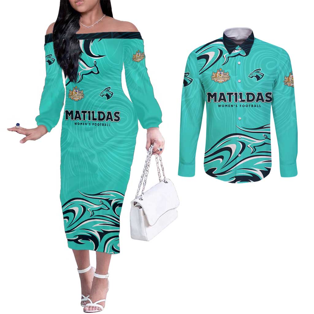 Personalised Australia Soccer Matildas Couples Matching Off The Shoulder Long Sleeve Dress and Long Sleeve Button Shirt Kangaroo Tornado Turquoise DT02