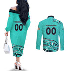 Personalised Australia Soccer Matildas Couples Matching Off The Shoulder Long Sleeve Dress and Long Sleeve Button Shirt Kangaroo Tornado Turquoise DT02