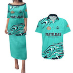Personalised Australia Soccer Matildas Couples Matching Puletasi and Hawaiian Shirt Kangaroo Tornado Turquoise DT02