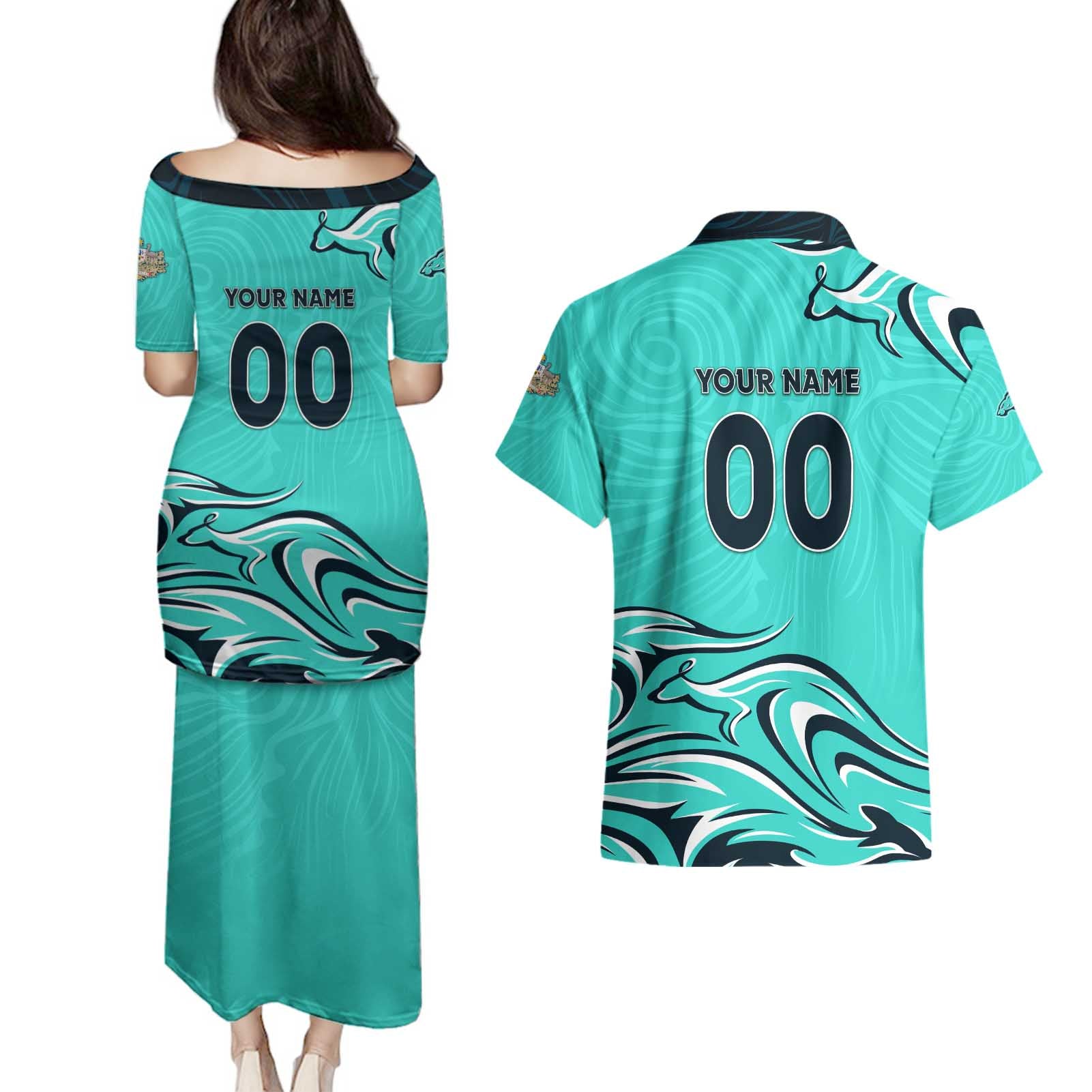 Personalised Australia Soccer Matildas Couples Matching Puletasi and Hawaiian Shirt Kangaroo Tornado Turquoise DT02