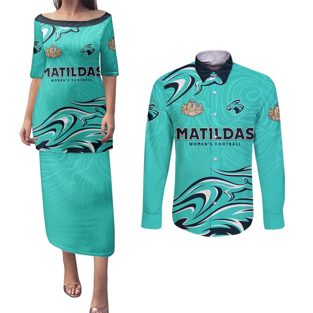 Personalised Australia Soccer Matildas Couples Matching Puletasi and Long Sleeve Button Shirt Kangaroo Tornado Turquoise DT02