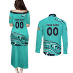 Personalised Australia Soccer Matildas Couples Matching Puletasi and Long Sleeve Button Shirt Kangaroo Tornado Turquoise DT02