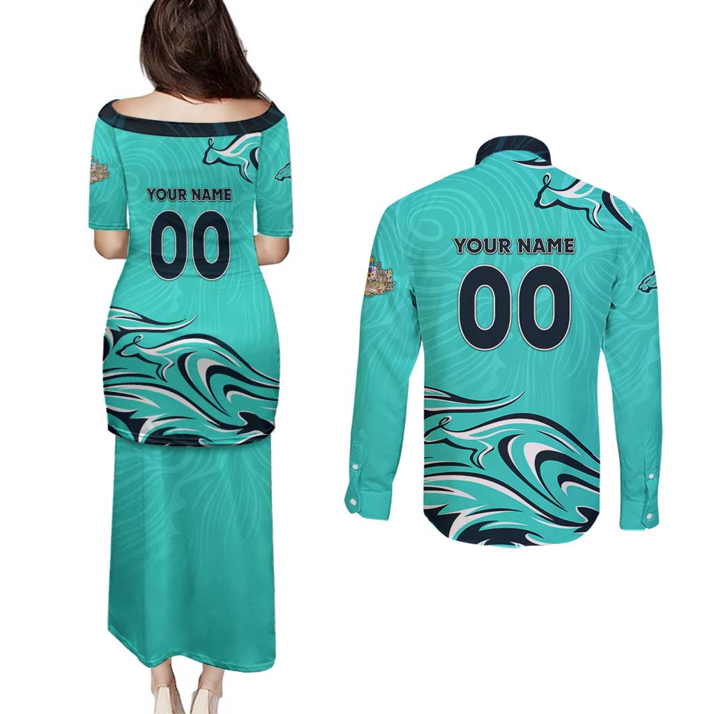 Personalised Australia Soccer Matildas Couples Matching Puletasi and Long Sleeve Button Shirt Kangaroo Tornado Turquoise DT02