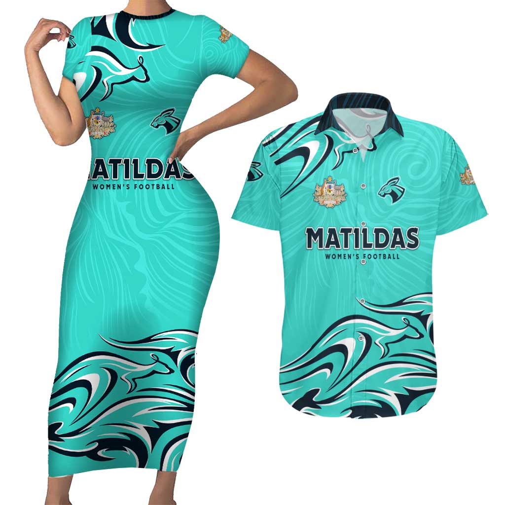 Personalised Australia Soccer Matildas Couples Matching Short Sleeve Bodycon Dress and Hawaiian Shirt Kangaroo Tornado Turquoise DT02