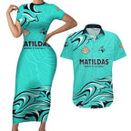 Personalised Australia Soccer Matildas Couples Matching Short Sleeve Bodycon Dress and Hawaiian Shirt Kangaroo Tornado Turquoise DT02