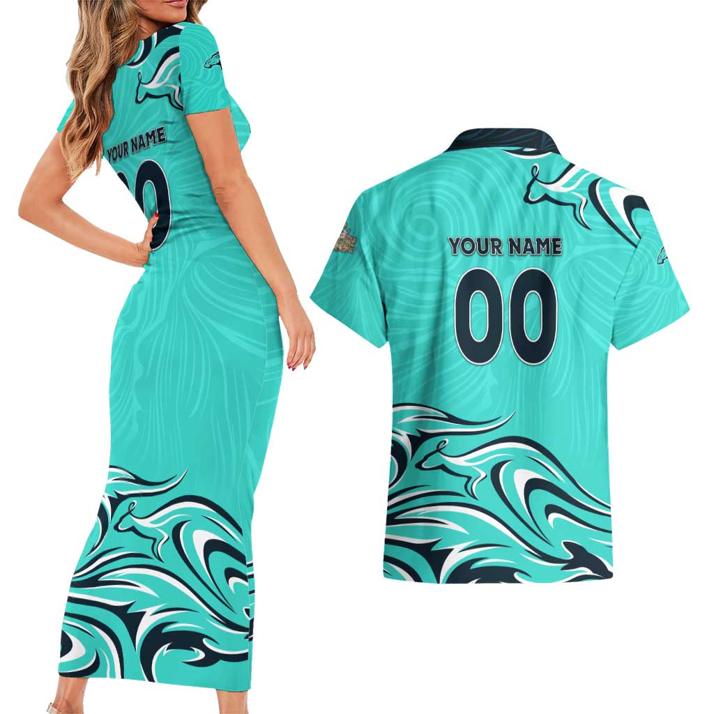 Personalised Australia Soccer Matildas Couples Matching Short Sleeve Bodycon Dress and Hawaiian Shirt Kangaroo Tornado Turquoise DT02