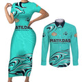Personalised Australia Soccer Matildas Couples Matching Short Sleeve Bodycon Dress and Long Sleeve Button Shirt Kangaroo Tornado Turquoise DT02
