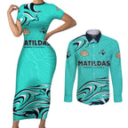 Personalised Australia Soccer Matildas Couples Matching Short Sleeve Bodycon Dress and Long Sleeve Button Shirt Kangaroo Tornado Turquoise DT02