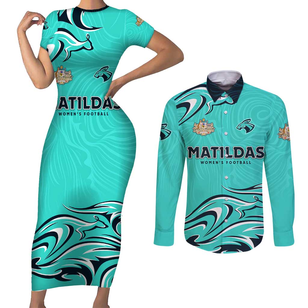 Personalised Australia Soccer Matildas Couples Matching Short Sleeve Bodycon Dress and Long Sleeve Button Shirt Kangaroo Tornado Turquoise DT02