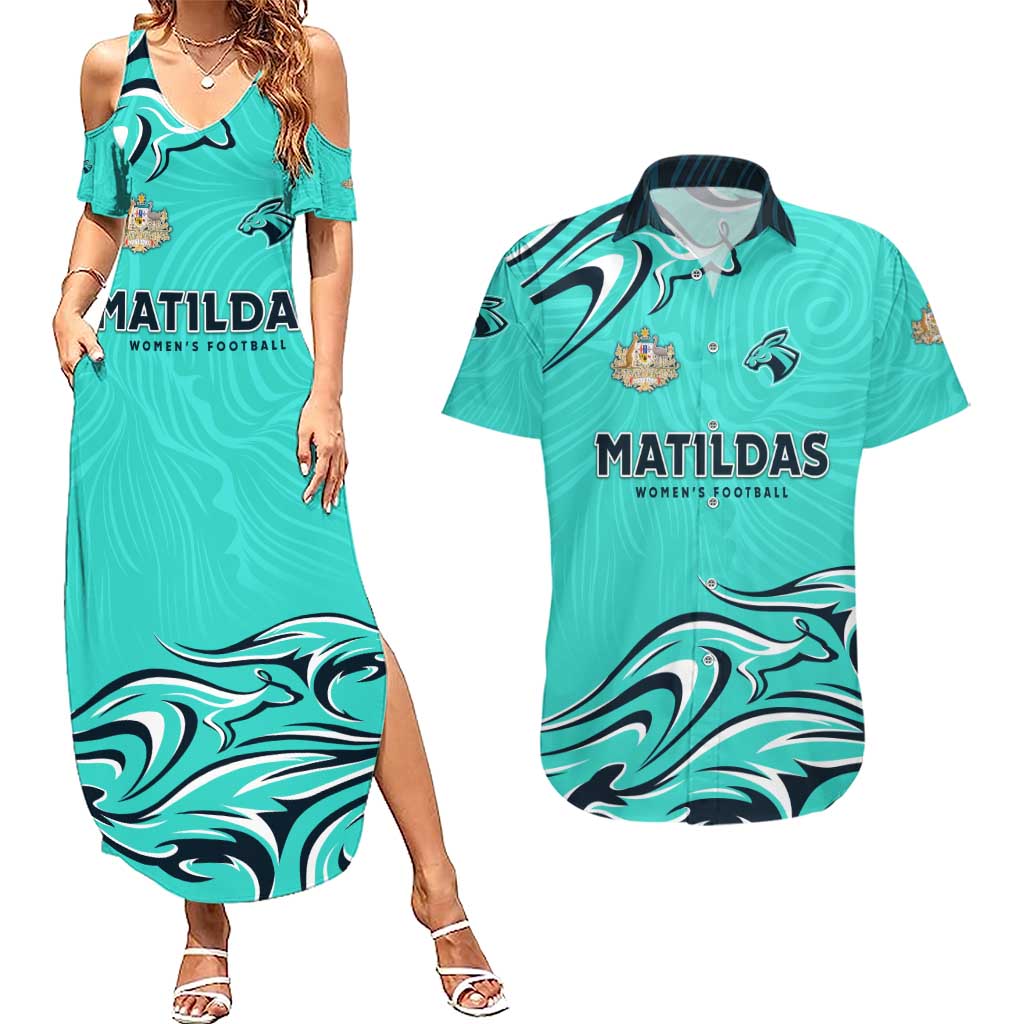 Personalised Australia Soccer Matildas Couples Matching Summer Maxi Dress and Hawaiian Shirt Kangaroo Tornado Turquoise DT02