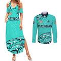 Personalised Australia Soccer Matildas Couples Matching Summer Maxi Dress and Long Sleeve Button Shirt Kangaroo Tornado Turquoise DT02