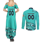 Personalised Australia Soccer Matildas Couples Matching Summer Maxi Dress and Long Sleeve Button Shirt Kangaroo Tornado Turquoise DT02