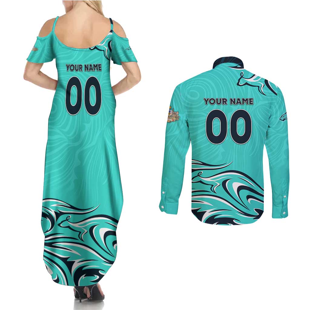 Personalised Australia Soccer Matildas Couples Matching Summer Maxi Dress and Long Sleeve Button Shirt Kangaroo Tornado Turquoise DT02