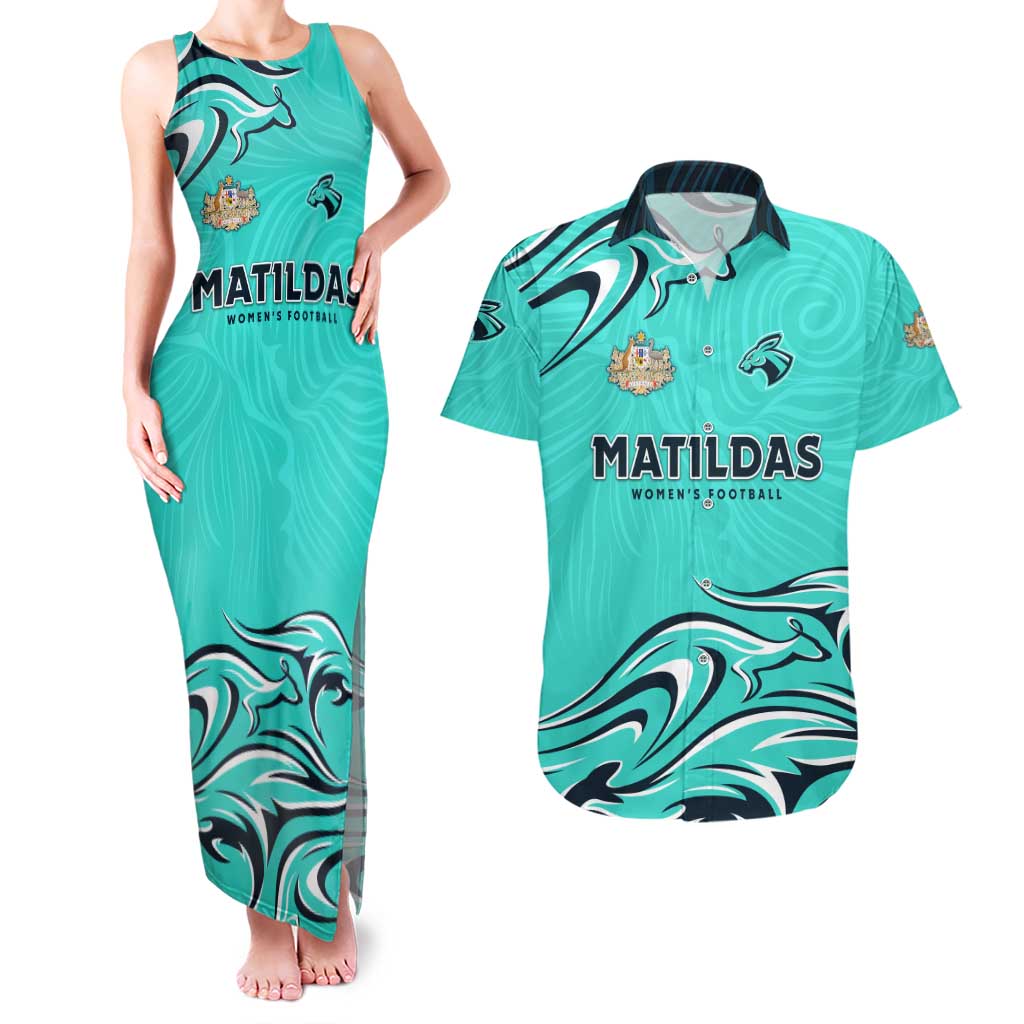 Personalised Australia Soccer Matildas Couples Matching Tank Maxi Dress and Hawaiian Shirt Kangaroo Tornado Turquoise DT02