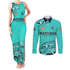 Personalised Australia Soccer Matildas Couples Matching Tank Maxi Dress and Long Sleeve Button Shirt Kangaroo Tornado Turquoise DT02