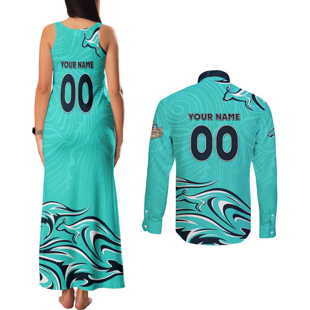 Personalised Australia Soccer Matildas Couples Matching Tank Maxi Dress and Long Sleeve Button Shirt Kangaroo Tornado Turquoise DT02
