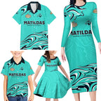Personalised Australia Soccer Matildas Family Matching Long Sleeve Bodycon Dress and Hawaiian Shirt Kangaroo Tornado Turquoise DT02