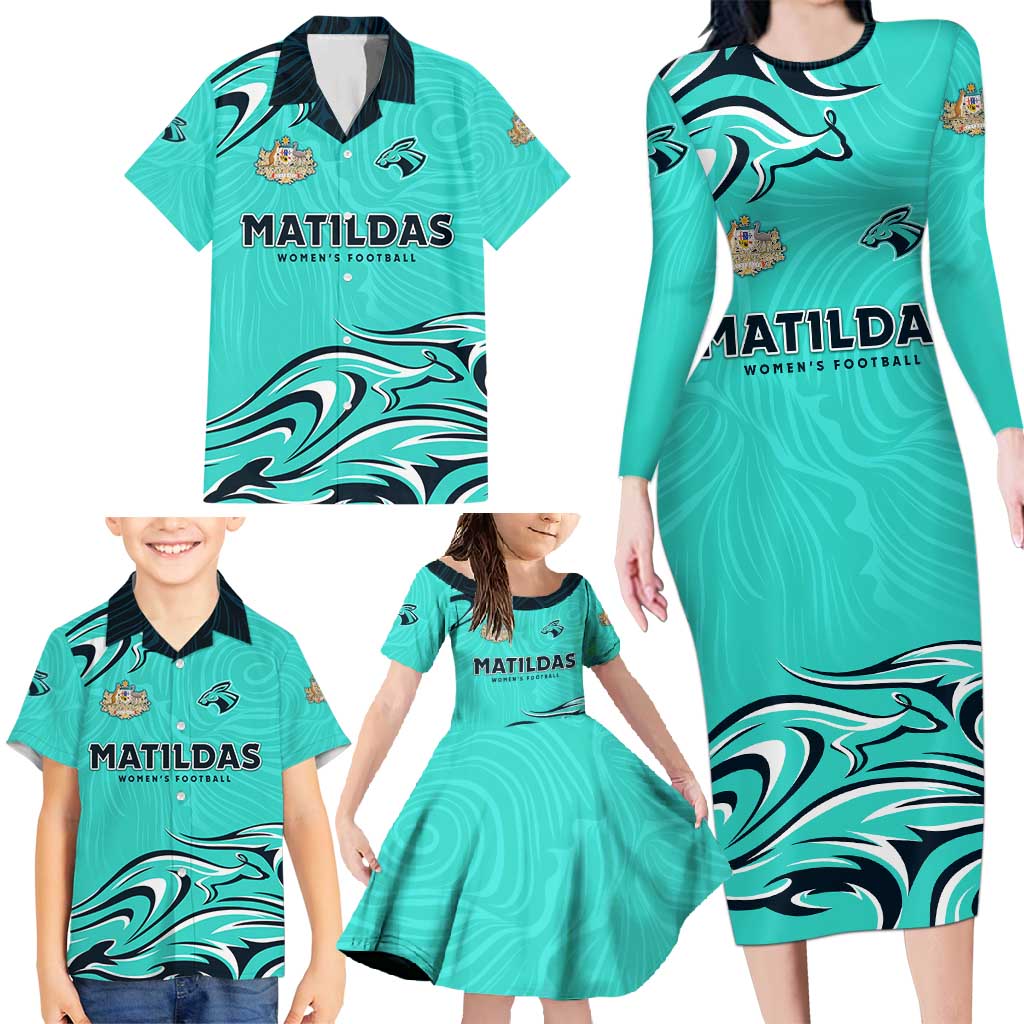 Personalised Australia Soccer Matildas Family Matching Long Sleeve Bodycon Dress and Hawaiian Shirt Kangaroo Tornado Turquoise DT02