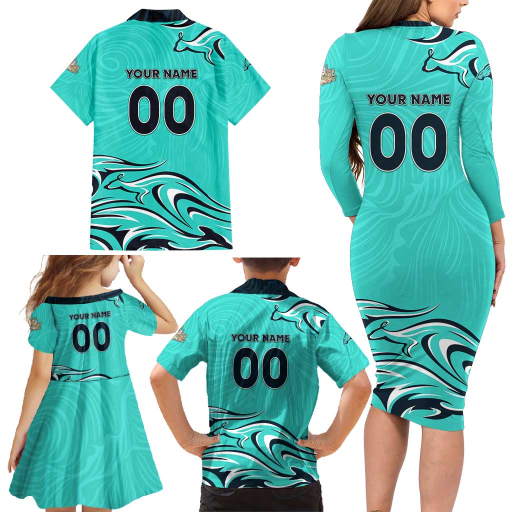 Personalised Australia Soccer Matildas Family Matching Long Sleeve Bodycon Dress and Hawaiian Shirt Kangaroo Tornado Turquoise DT02