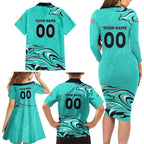 Personalised Australia Soccer Matildas Family Matching Long Sleeve Bodycon Dress and Hawaiian Shirt Kangaroo Tornado Turquoise DT02