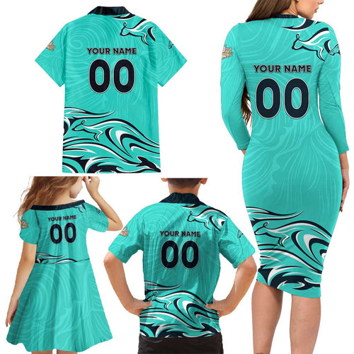 Personalised Australia Soccer Matildas Family Matching Long Sleeve Bodycon Dress and Hawaiian Shirt Kangaroo Tornado Turquoise DT02