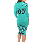 Personalised Australia Soccer Matildas Family Matching Long Sleeve Bodycon Dress and Hawaiian Shirt Kangaroo Tornado Turquoise DT02