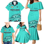 Personalised Australia Soccer Matildas Family Matching Mermaid Dress and Hawaiian Shirt Kangaroo Tornado Turquoise DT02