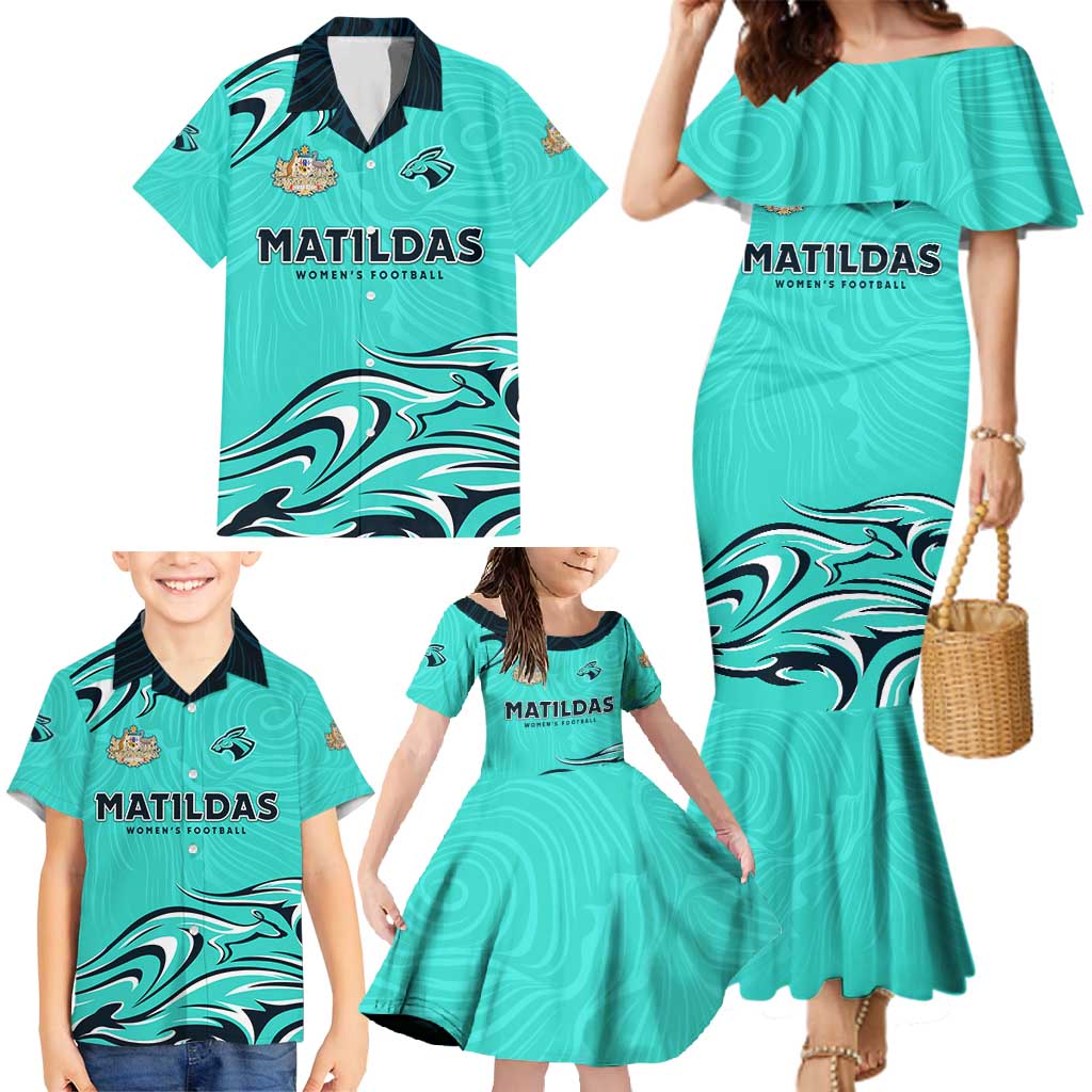 Personalised Australia Soccer Matildas Family Matching Mermaid Dress and Hawaiian Shirt Kangaroo Tornado Turquoise DT02