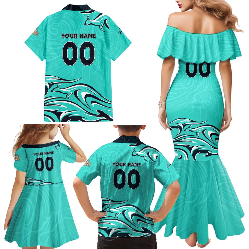 Personalised Australia Soccer Matildas Family Matching Mermaid Dress and Hawaiian Shirt Kangaroo Tornado Turquoise DT02