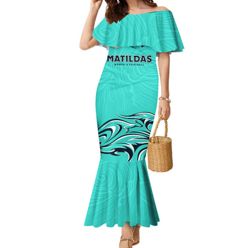 Personalised Australia Soccer Matildas Family Matching Mermaid Dress and Hawaiian Shirt Kangaroo Tornado Turquoise DT02
