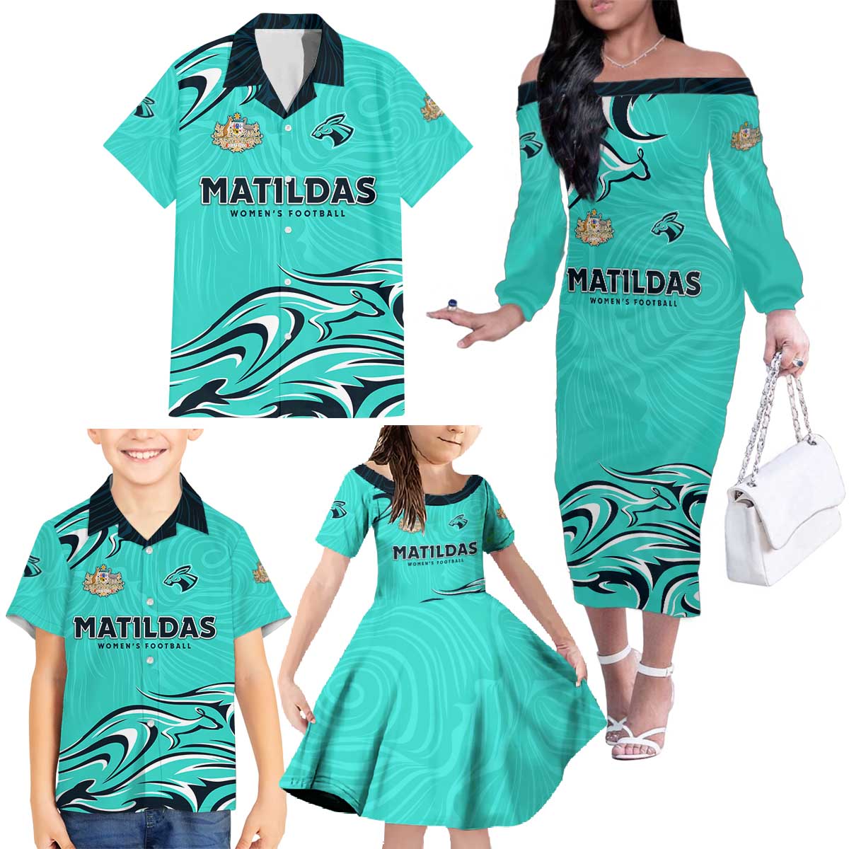 Personalised Australia Soccer Matildas Family Matching Off The Shoulder Long Sleeve Dress and Hawaiian Shirt Kangaroo Tornado Turquoise DT02