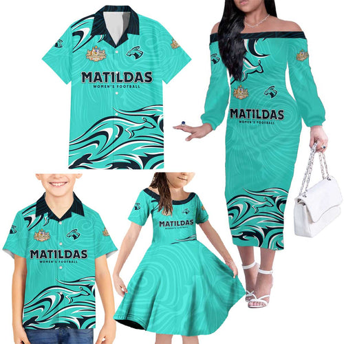 Personalised Australia Soccer Matildas Family Matching Off The Shoulder Long Sleeve Dress and Hawaiian Shirt Kangaroo Tornado Turquoise DT02
