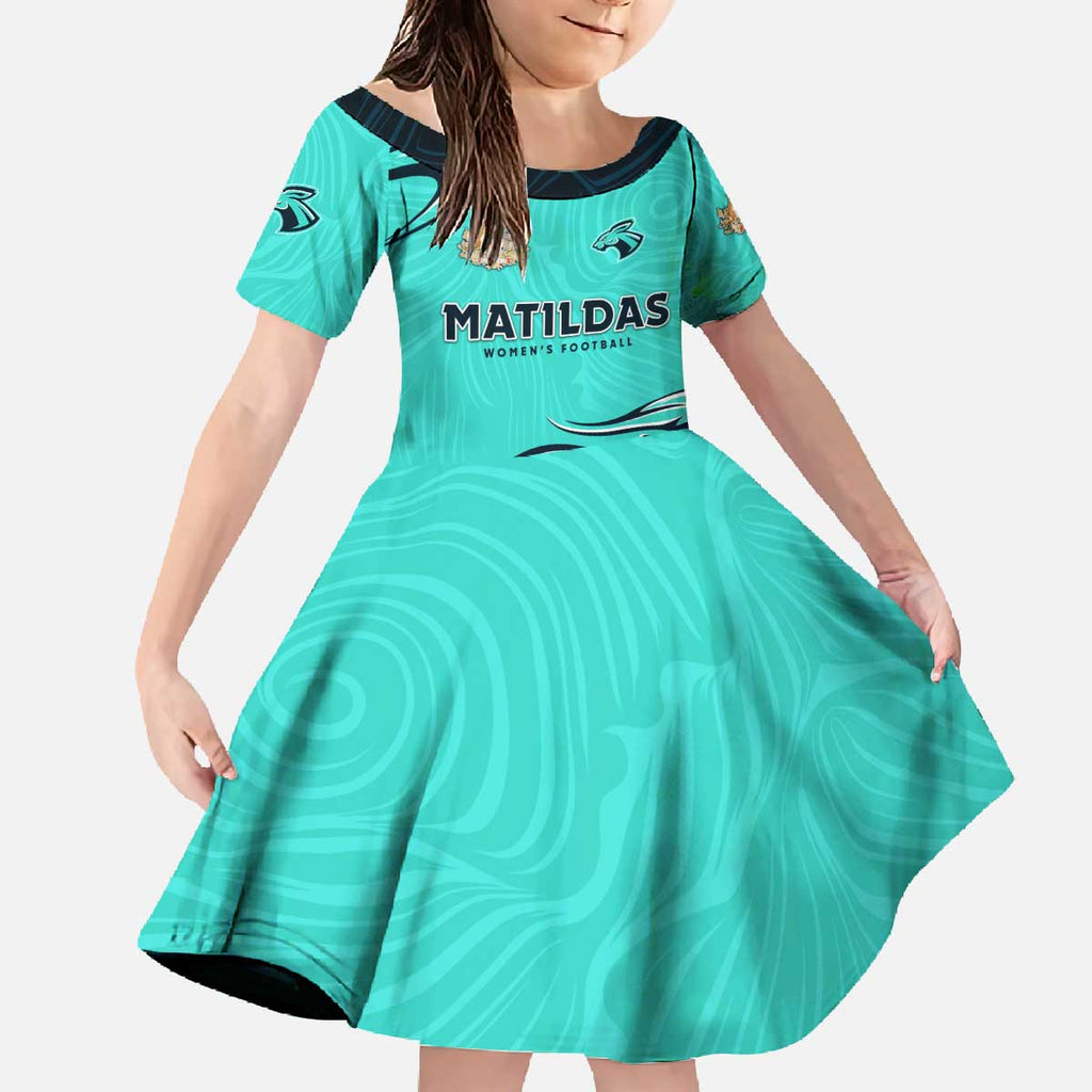 Personalised Australia Soccer Matildas Family Matching Off The Shoulder Long Sleeve Dress and Hawaiian Shirt Kangaroo Tornado Turquoise DT02