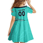 Personalised Australia Soccer Matildas Family Matching Off The Shoulder Long Sleeve Dress and Hawaiian Shirt Kangaroo Tornado Turquoise DT02