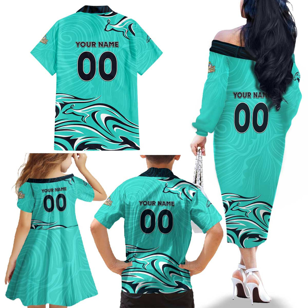 Personalised Australia Soccer Matildas Family Matching Off The Shoulder Long Sleeve Dress and Hawaiian Shirt Kangaroo Tornado Turquoise DT02