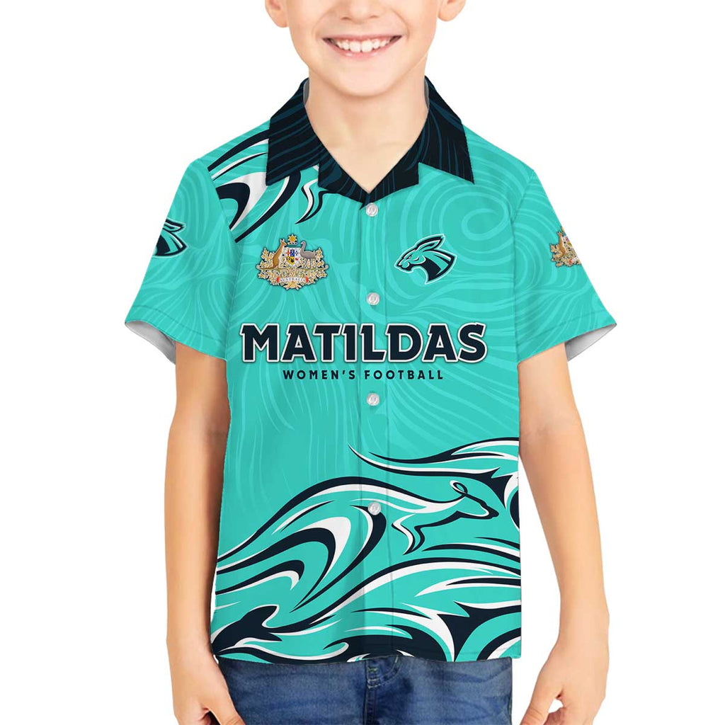 Personalised Australia Soccer Matildas Family Matching Off The Shoulder Long Sleeve Dress and Hawaiian Shirt Kangaroo Tornado Turquoise DT02