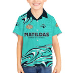 Personalised Australia Soccer Matildas Family Matching Off The Shoulder Long Sleeve Dress and Hawaiian Shirt Kangaroo Tornado Turquoise DT02