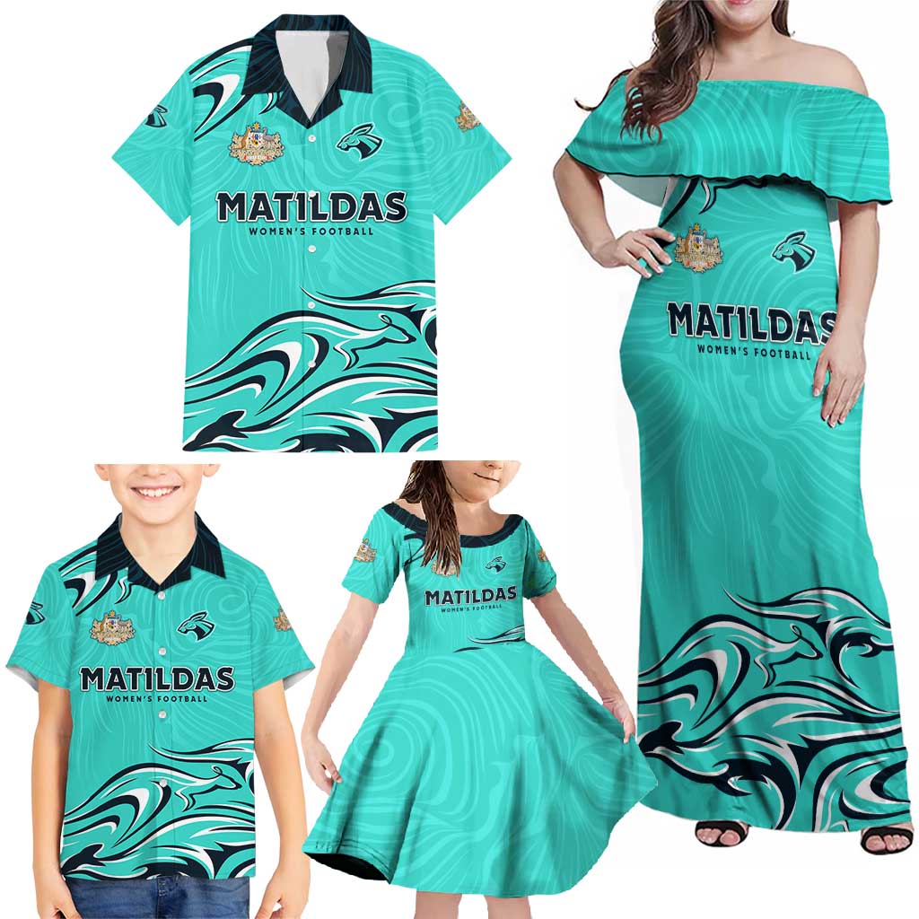 Personalised Australia Soccer Matildas Family Matching Off Shoulder Maxi Dress and Hawaiian Shirt Kangaroo Tornado Turquoise DT02