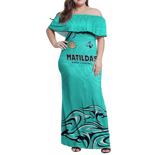 Personalised Australia Soccer Matildas Family Matching Off Shoulder Maxi Dress and Hawaiian Shirt Kangaroo Tornado Turquoise DT02
