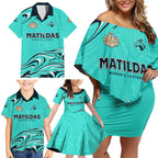 Personalised Australia Soccer Matildas Family Matching Off Shoulder Short Dress and Hawaiian Shirt Kangaroo Tornado Turquoise DT02