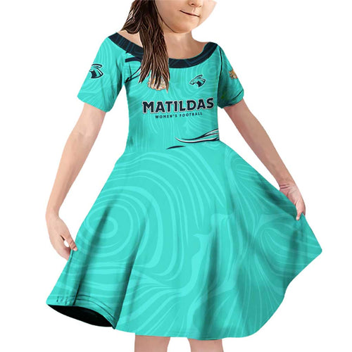 Personalised Australia Soccer Matildas Family Matching Off Shoulder Short Dress and Hawaiian Shirt Kangaroo Tornado Turquoise DT02