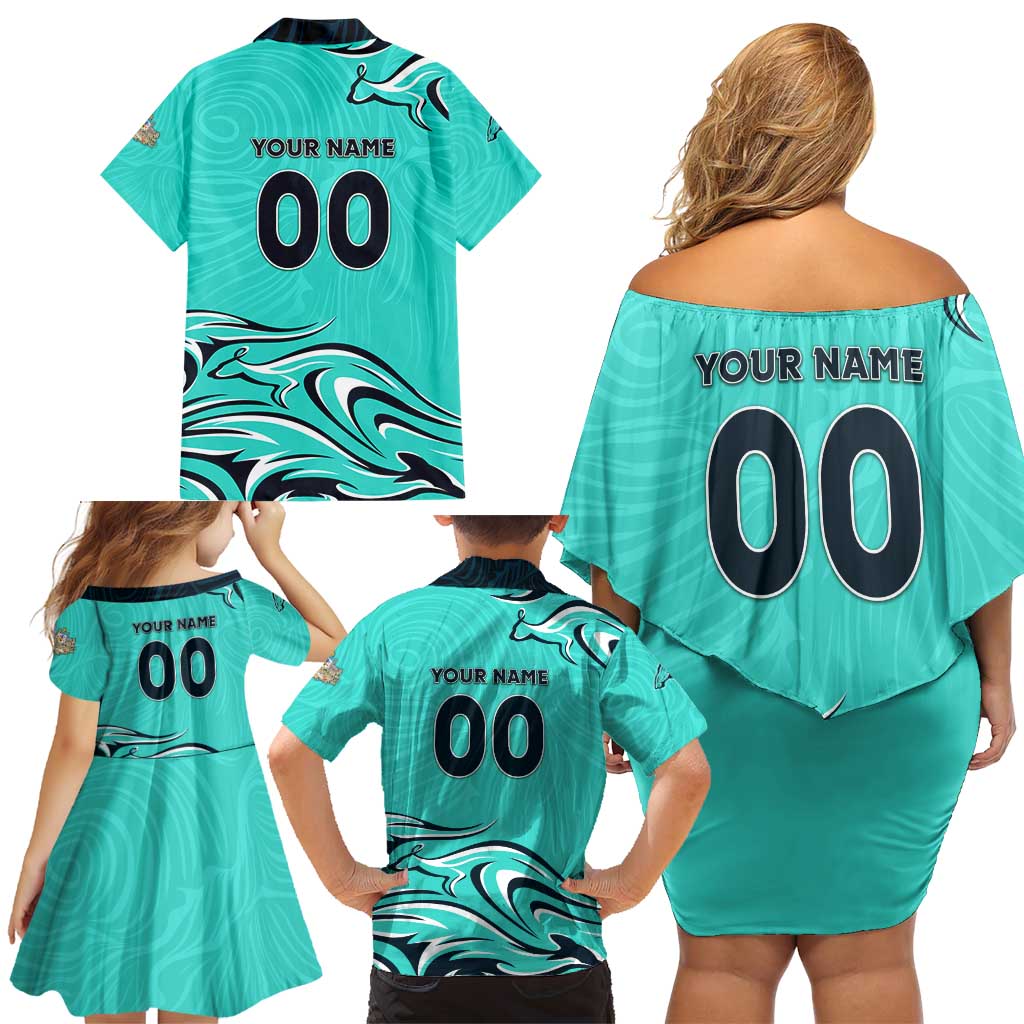 Personalised Australia Soccer Matildas Family Matching Off Shoulder Short Dress and Hawaiian Shirt Kangaroo Tornado Turquoise DT02