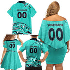 Personalised Australia Soccer Matildas Family Matching Off Shoulder Short Dress and Hawaiian Shirt Kangaroo Tornado Turquoise DT02