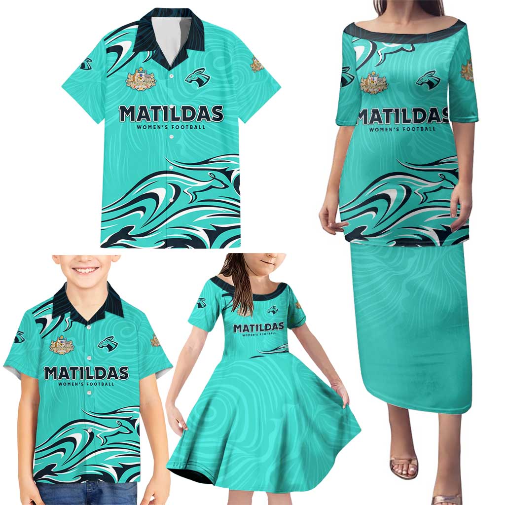 Personalised Australia Soccer Matildas Family Matching Puletasi and Hawaiian Shirt Kangaroo Tornado Turquoise DT02