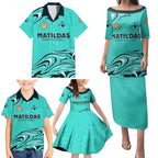 Personalised Australia Soccer Matildas Family Matching Puletasi and Hawaiian Shirt Kangaroo Tornado Turquoise DT02