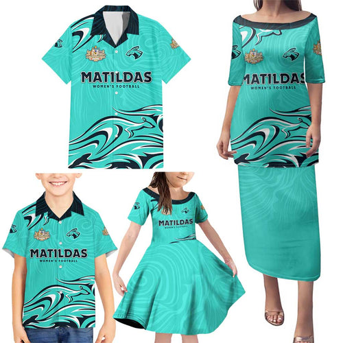 Personalised Australia Soccer Matildas Family Matching Puletasi and Hawaiian Shirt Kangaroo Tornado Turquoise DT02