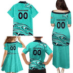 Personalised Australia Soccer Matildas Family Matching Puletasi and Hawaiian Shirt Kangaroo Tornado Turquoise DT02